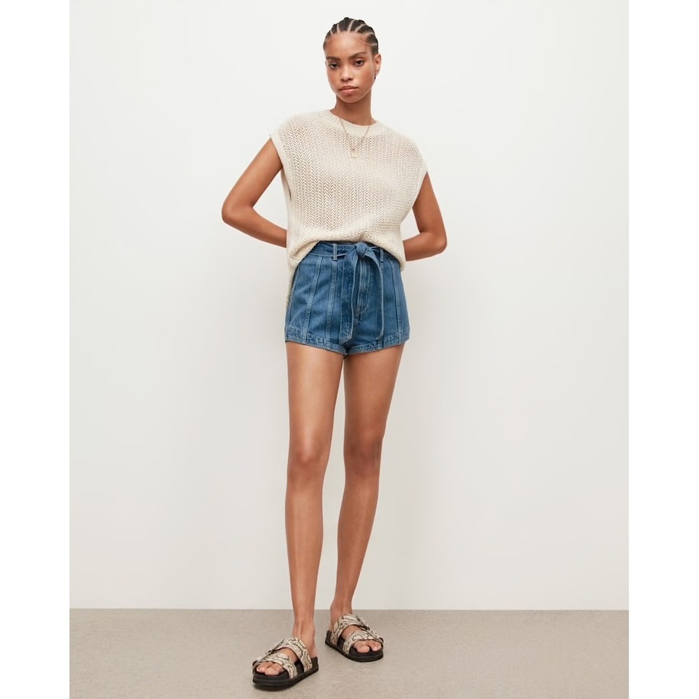 AllSaints Size W32 Blue Denim High Rise Tie Waist Seam Detail Frankie Shorts